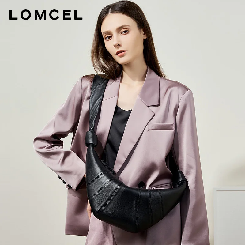LOMCEL 5 Specialty top-grade lamb skin croissant bag, casual and laid-back style horn-shaped bag, genuine leather crossbody bag