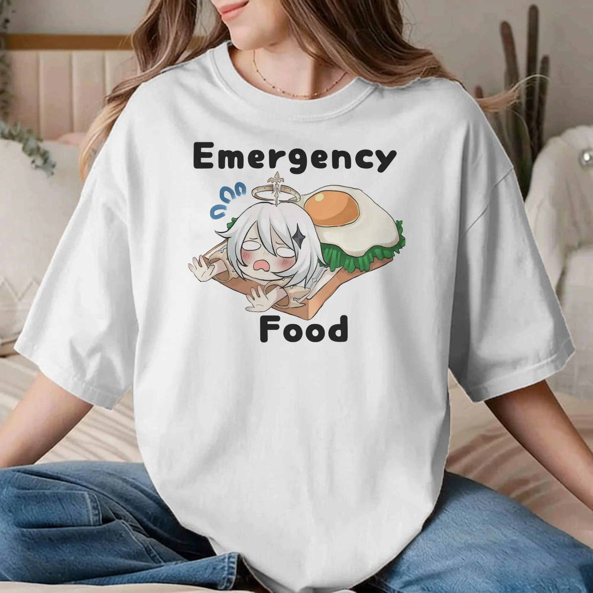 Casual Genshin Impact  T-Shirts Men Women Crewneck Pure Cotton T Shirts Paimon Emergency Food Tee Shirt Birthday Present Tops