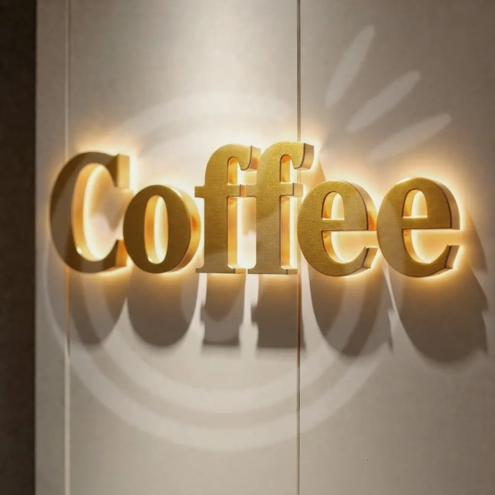 ป้ายโลโก้ตัวอักษร LED โลหะสั่งทำ ป้ายอะคริลิค 3 มิติ ป้ายไฟติดผนัง ป้ายไฟส่องสว่างสำหรับตกแต่งร้านค้าและบริษัทกลางแจ้ง