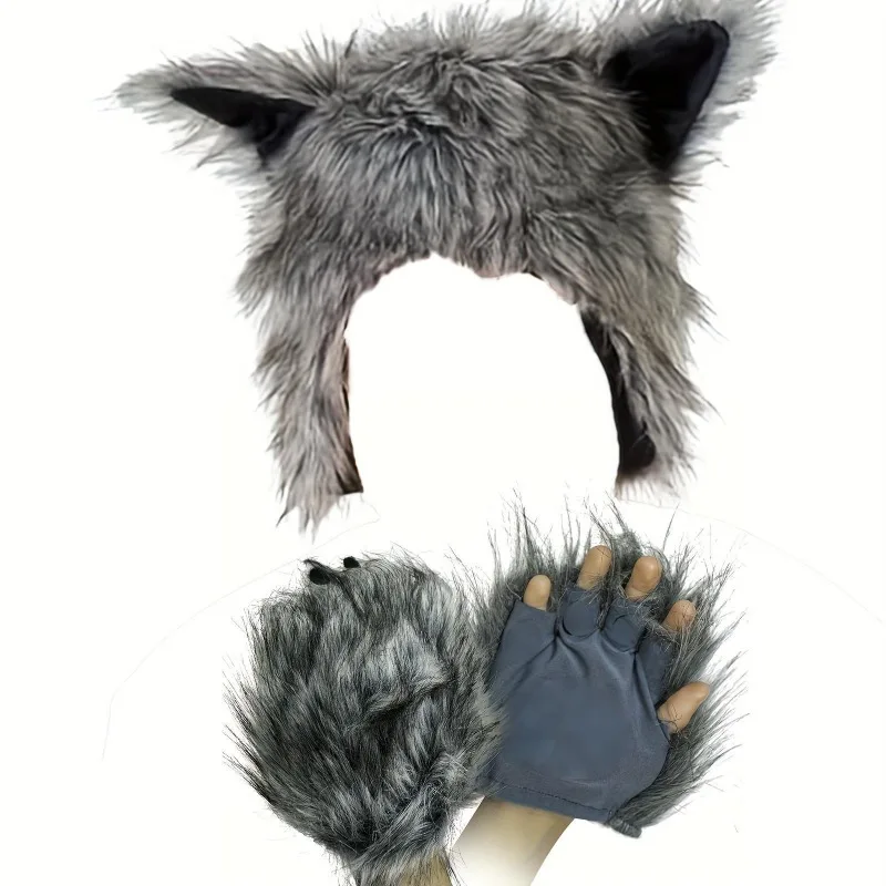 Halloween Role Playing Werewolf Hat Headwear Gloves Horror Role Playing Props Male Female Size Soft Hair 3D
