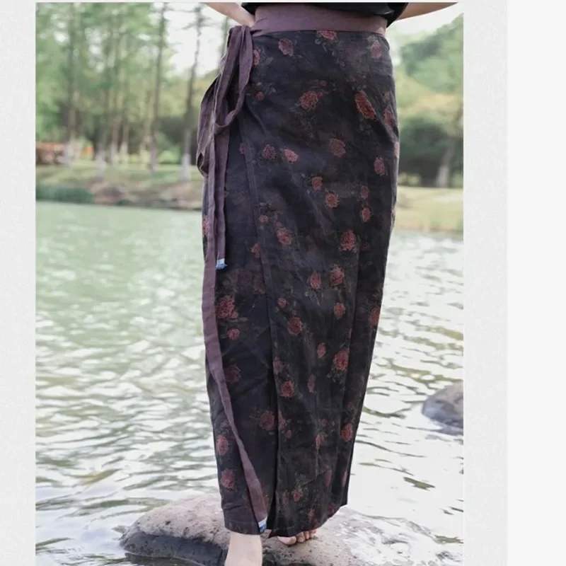 2025 Nieuwe Lente Boho Bloemenprint Rok Vrouwen Mode Elegante Taille Wrap Rokken Vrouw Ademend Casual Vrouwelijke Midi Rokken