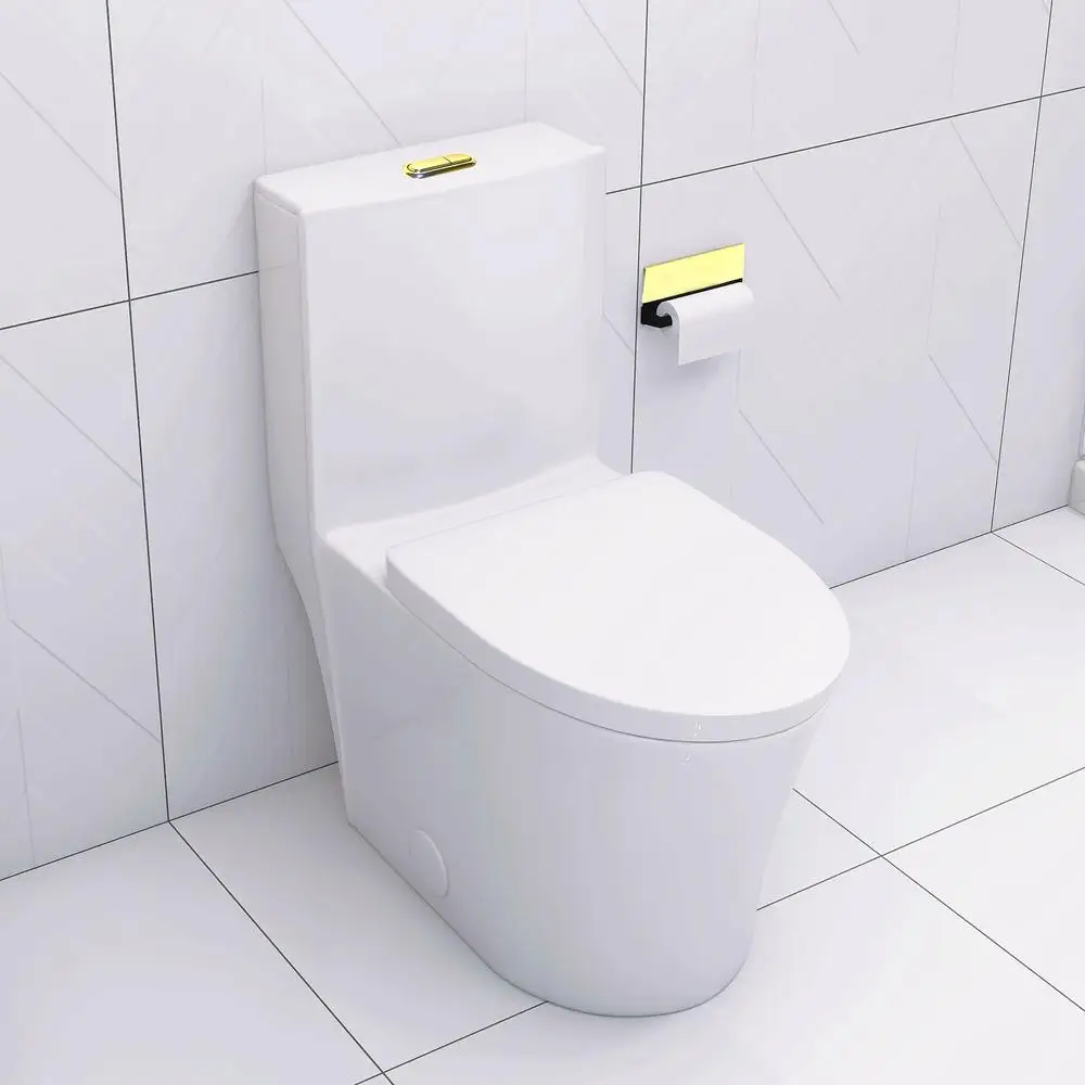 

Elongated One Piece Toilet White Skirted Design with Golden Button Dual Flush 1000g MAP Flush Soft Close Seat Easy Clean