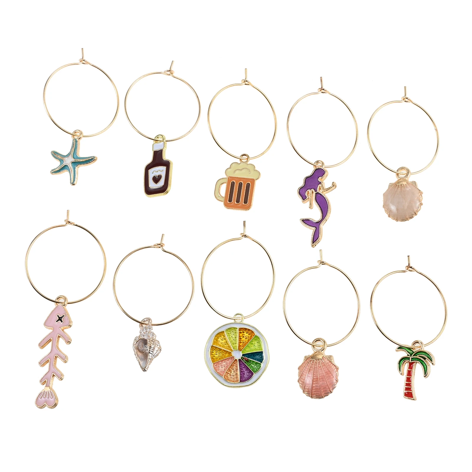 10pcs Beach Themed Wine Glass Charms for Stem Glasses Markers Drink Markers Tags Glass Identifiers for Party Weddings Home Bar