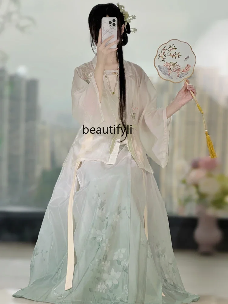 Hanfu Ming Chinese Style Embroidery Square Collar Half Sleeve Shirt Horse-Face Skirt Spring and Summer