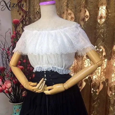 

Japanese Lolita Gauze Lace Inner Short Sleeve Women Bottom Shirt One-word Shoulder High Waist Shirts Sweet Cute Top Summer 2025