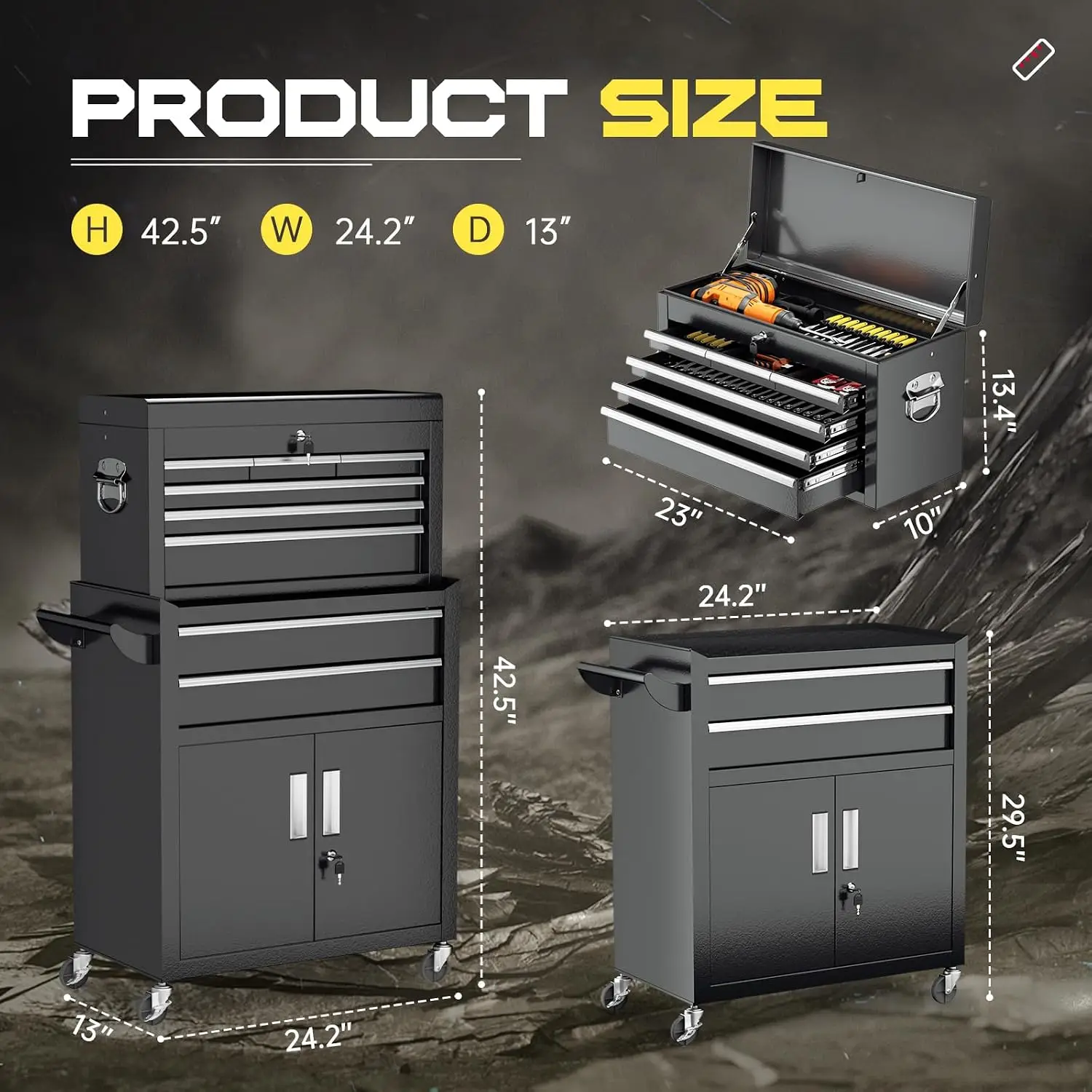8-Drawer Rolling Tool Chest with Lock, Detachable Tool Cabinet Cart with Wheels, High-Capacity Mechanic Tool Storage for Garage