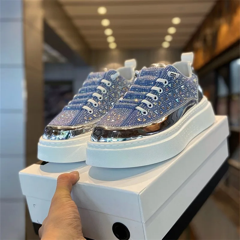 Unisex Rhinestone Platform Sneakers 2026 Summer Fabric Breathable Lace Up Thick Sole Casual Street Shoes Blue Black Green