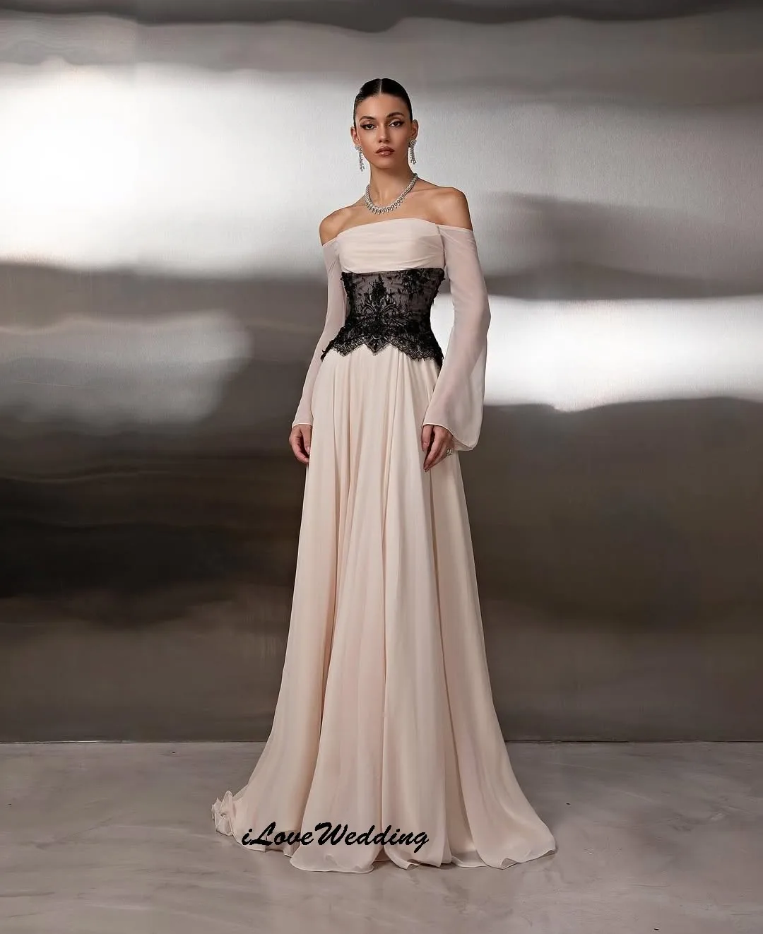 مشد دانتيل أنيق للنساء فساتين سهرة شيفون مكشوفة الكتف لحفلات الزفاف للنساء طول الأرض حسب الطلب