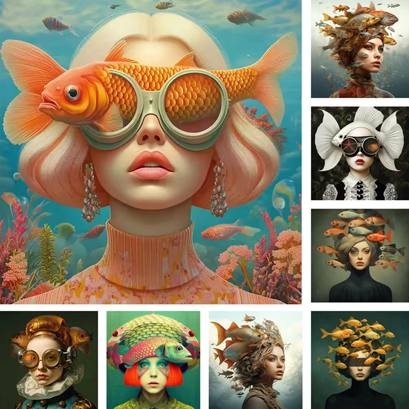 Surreal Fish Woman Portrait Poster and Prints Underwater Magic Girl Canvas Painting Wall Art for Living Room Home Decor Mural