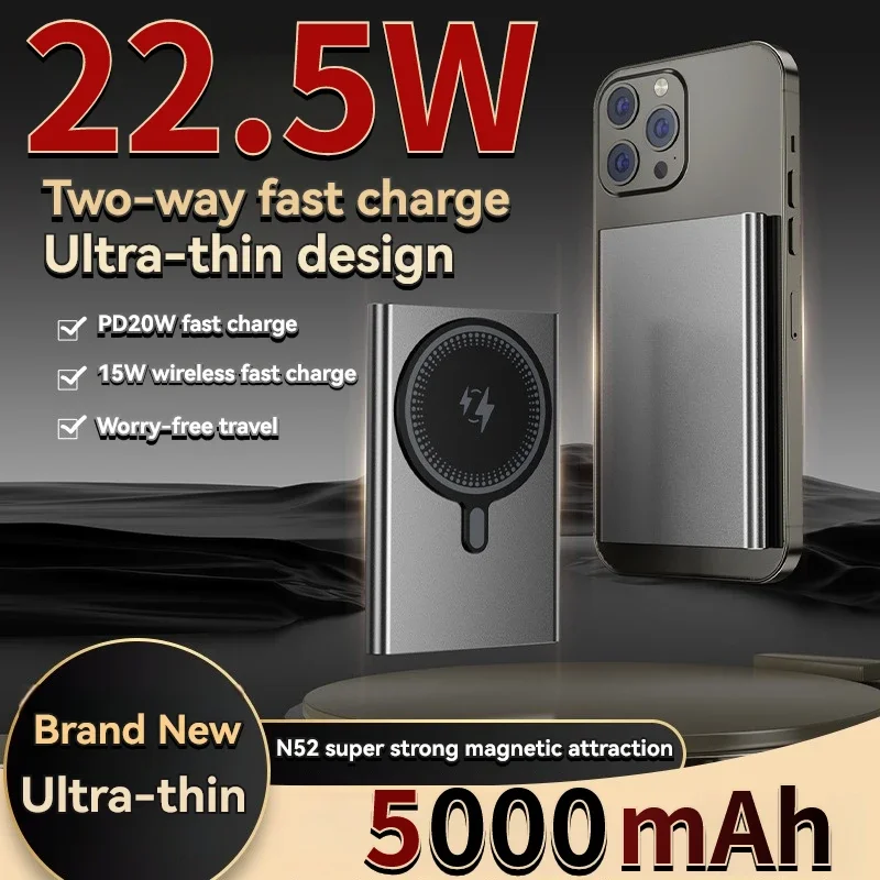 Ultra Thin Wireless Magnetic Power Bank, External Power Bank, Dual Fast Charging, Suitable for iPhone, Magsafe, 5000mAh, PD20W