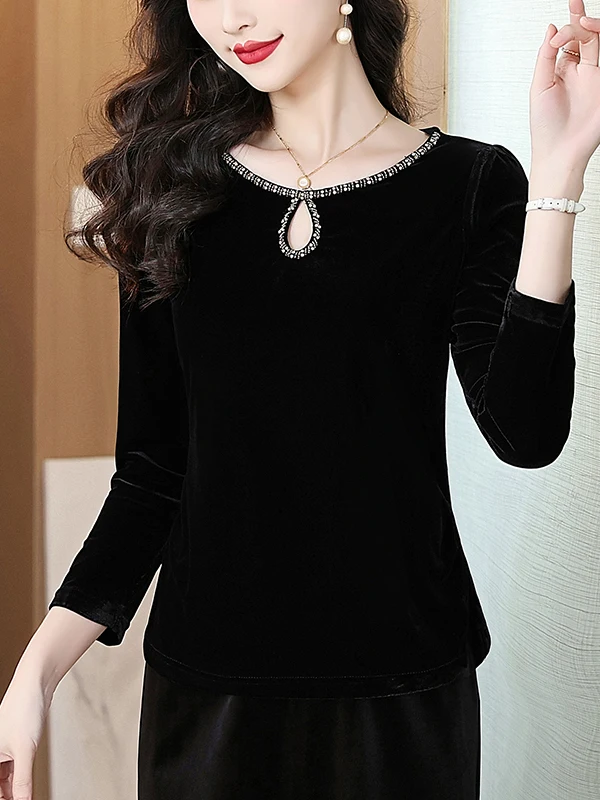 

Весенне-осенняя женская базовая рубашка из золотистого бархата с круглым вырезом и коротким рукавом, облегающая, в корейском стиле, однотонная, для повседневной носки