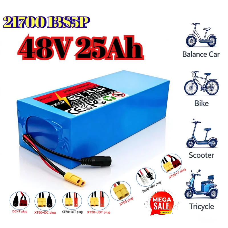 High Capacity  21700 13S5P 48V 25Ah  Lithium Battery Pack 1000W with BMS for Balance Car, Bike, Scooter, Tricycle