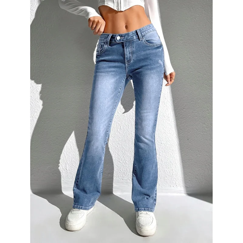 Hot Sale Lady High Waist Thin Flared Jeans Girls Classic Korean Solid Denim Pants Women Slim Fit Straight Leg Trousers