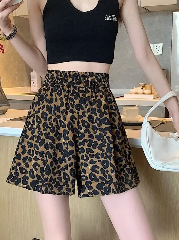High Waist Wide Leg Short Pants Women's Summer Thin Style Leopard Print Casual Pants Small Size A-Line Hot Pants Trendy