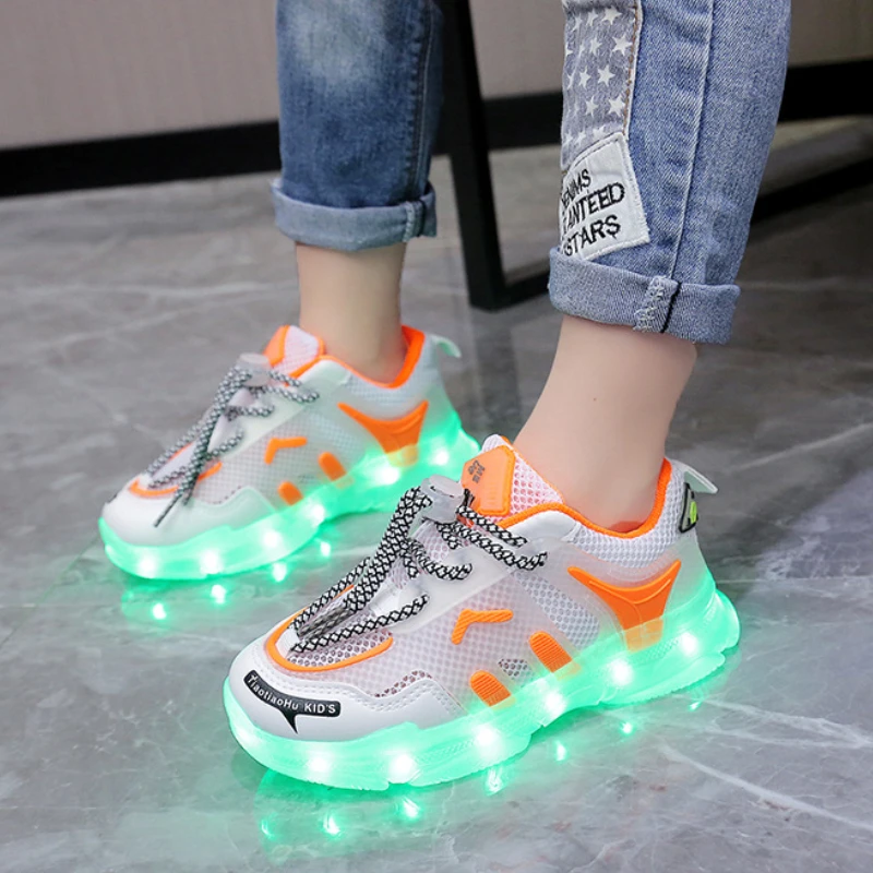 USB Charging Children\'s LED Light Shoes Spring Mesh Breathable Boys and Girls\' Running Shoes Luminous Children\'s Casual Shoes