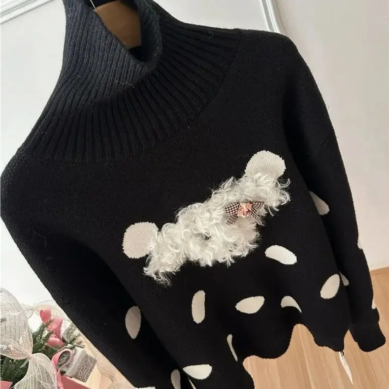 Polka Dot Puppy Turtleneck Sweater Women Autumn and Winter Design Korean Cute Loose Warm Pullover Top