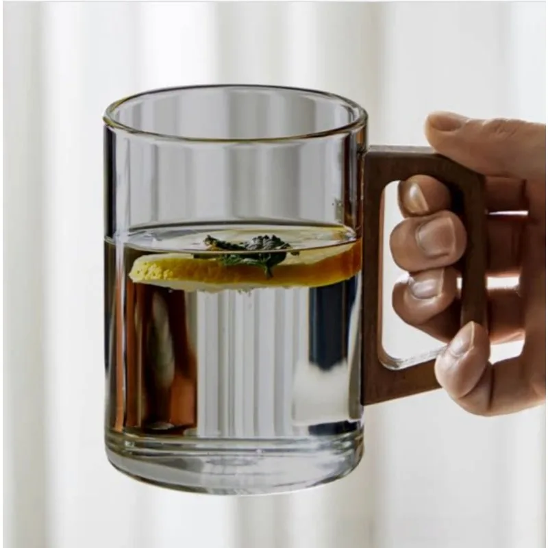 Glass set Household living room Walnut tea cup Water cup Large capacity wooden handle glass
