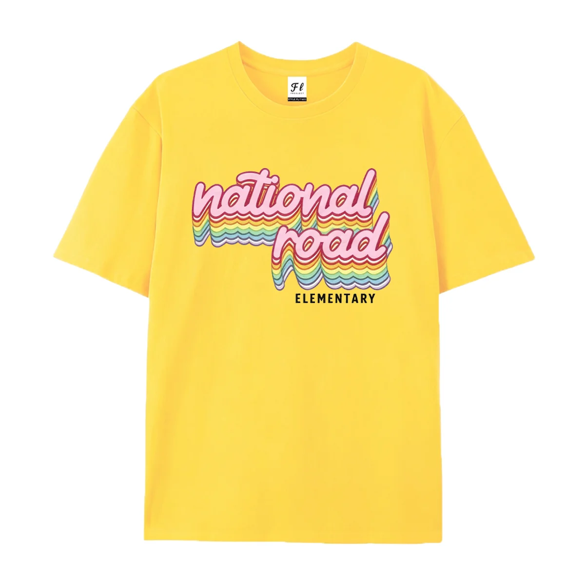 Men Women Casual Short Sleeve T‑Shirt Retro Wavy Rainbow Letter National Road Elementary Graphic Print O Neck Daily Wear Tops Cl