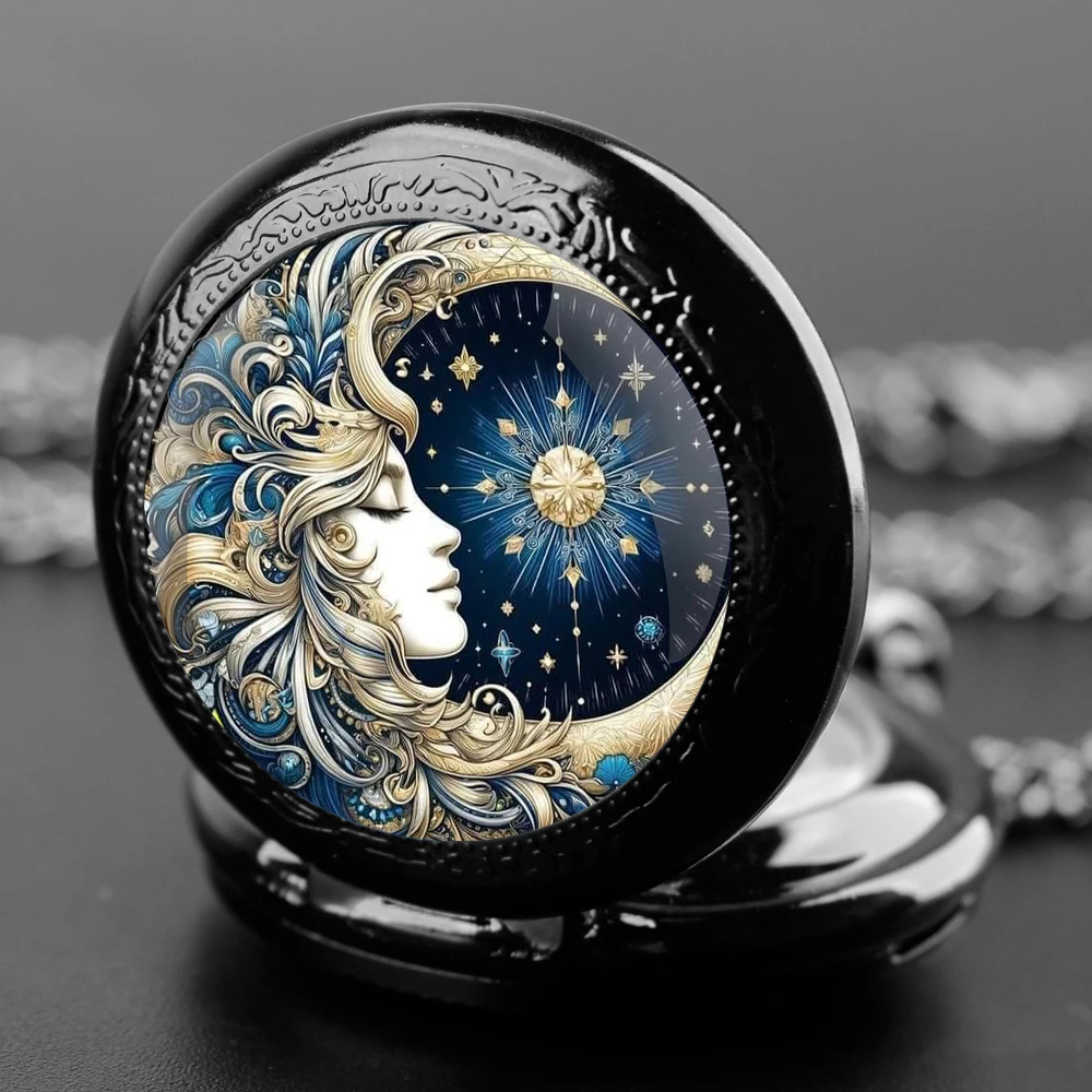 ساعة جيب كوارتز من آلهة الشمس والقمر للنساء والرجال والأطفال، ساعات كلاسيكية فريدة من نوعها وسلسلة مجوهرات وقلادة هدية