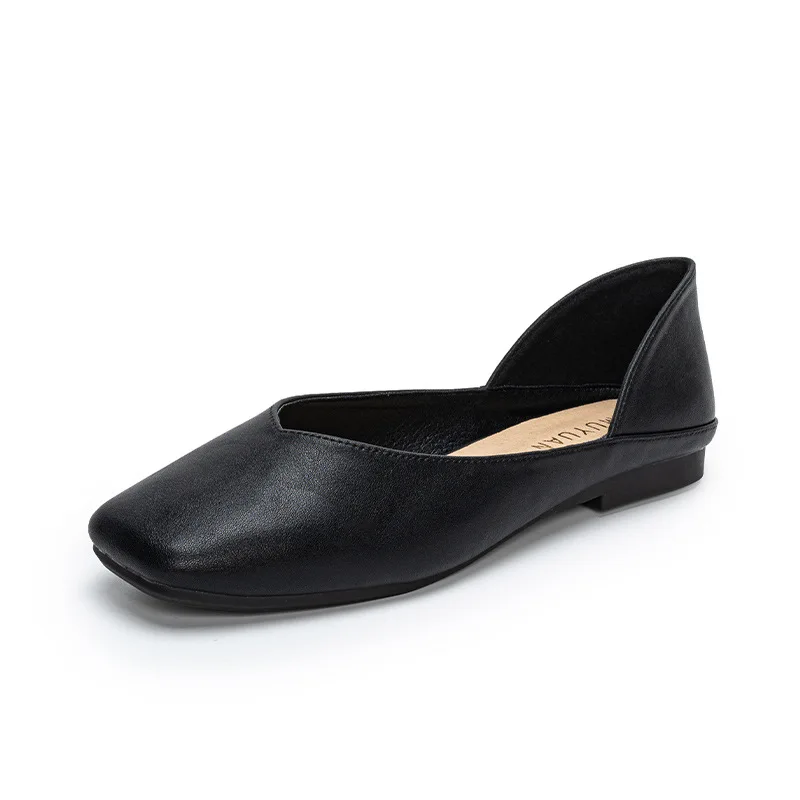 Square toe leather patchwork flat shoes woman slip on lazy shoes shallow mouth cozy mocasines women working shoes