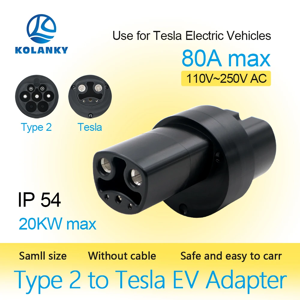 EV Charger Adaptor Type 2 To Tesla 80A AC 20KW Charging For Tesla Eletric Vehicle Model Y/S/3 Fast Charging