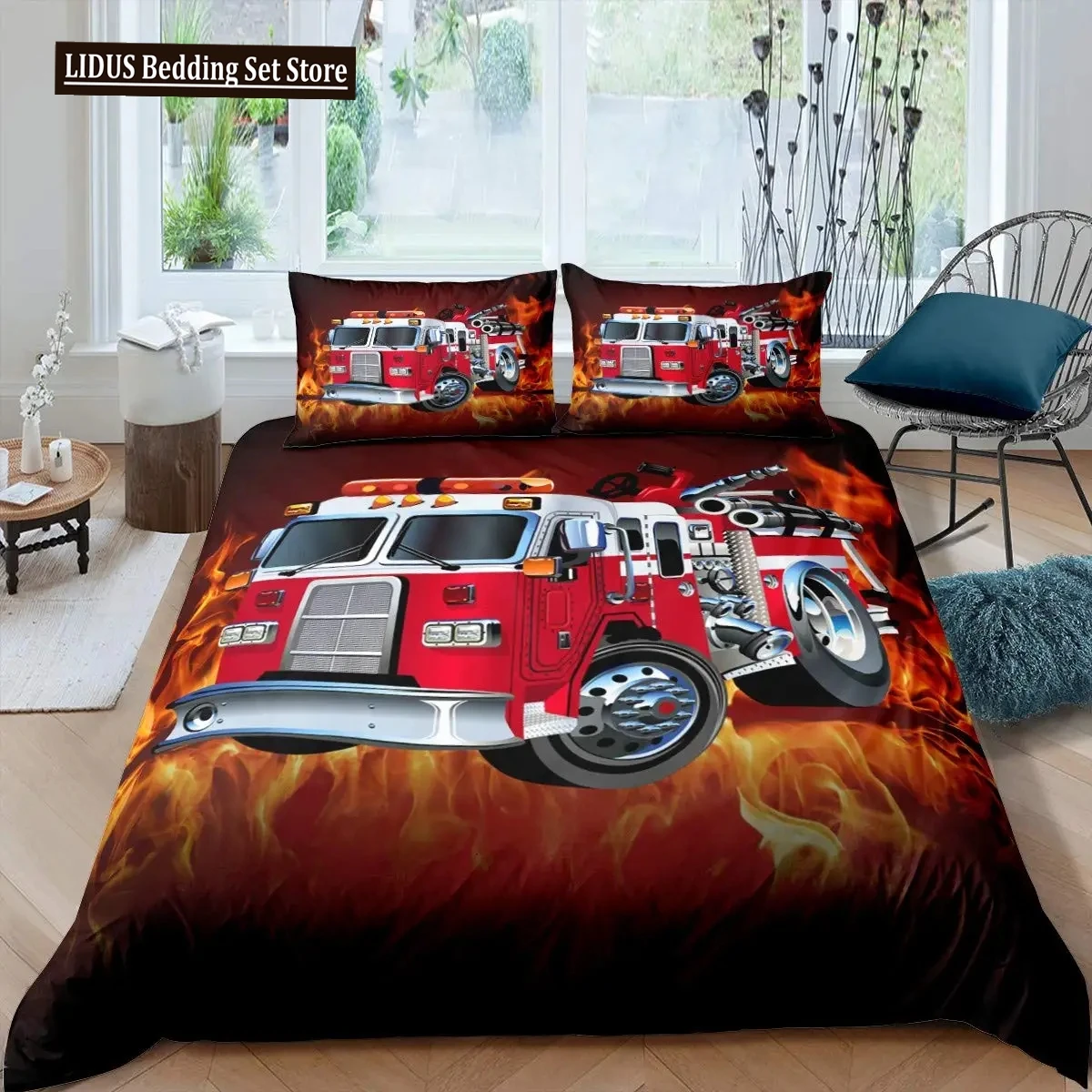 

Firefighter Truck Duvet Cover King/Queen Size Red Firemen Car Bedding Set For Boys Girls Fire Engine Polyester Quilt Cover