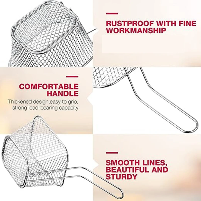 24Pcs Mini Square Fry Basket Stainless Steel French Fry Holder Deep Fry Basket Mesh Food Basket With Handles Durable (Silver)