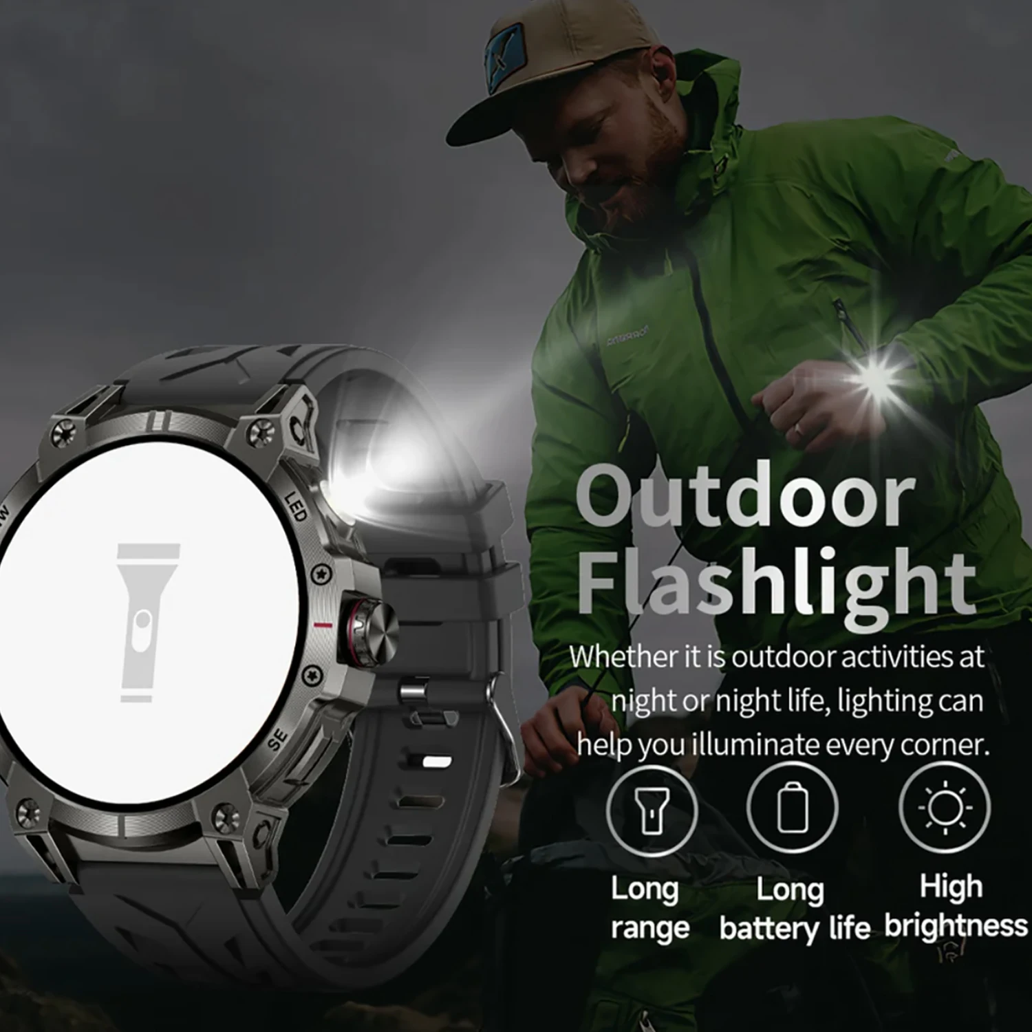 Military Smart Watch Men 760mAh Large Battery LED Flashlight Compass 1.8