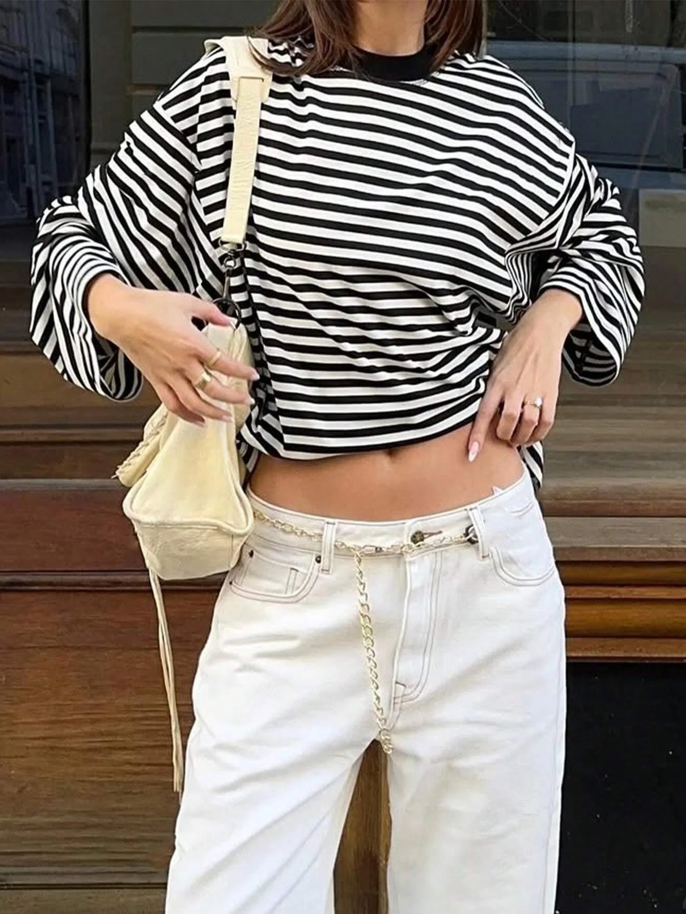Women Lazy Loose Fit European American Style Retro Color Block Striped Long Sleeve T Shirt Casual Versatile Oversized Basic Stre