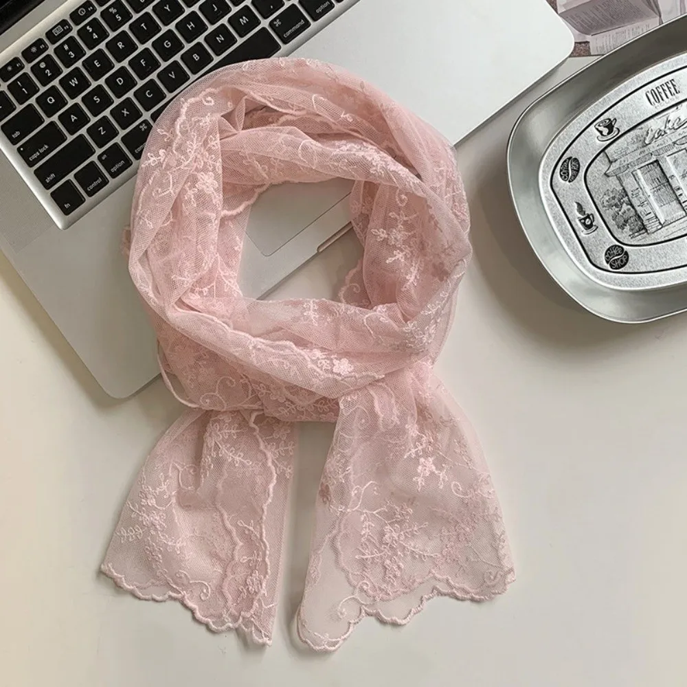 Elegant Long Lace Scarf Breathable Flower Embroidered Sunscreen Lace Shawl Lightweight Solid Color Shawl Headscarf Summer