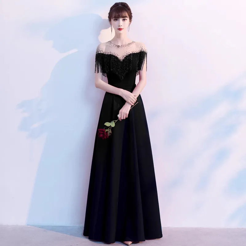 

Черное вечернее платье для женщин, летние легкие роскошные платья для выпускного вечера с короткими рукавами и кисточками, элегантные платья для дня рождения с круглым вырезом