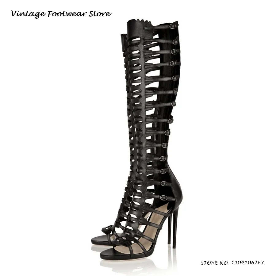 Knee-high Leather Gladiator Sandals Summer Round Open Toe Thin Heels Shoes Women's Belt Buckles Buckle Zipper Trending Stilettos