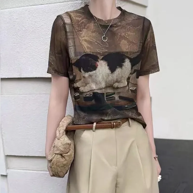Women Sheer Mesh T Shirt with Realistic Cat Print Loose Fit Short Sleeve Casual Top Summer Wear