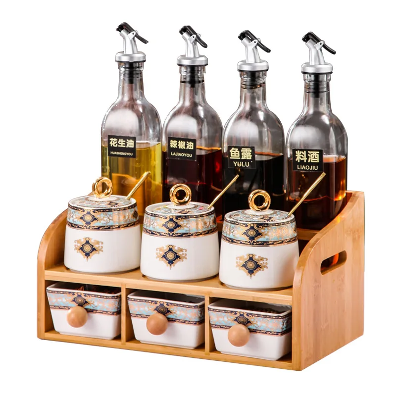 

European ceramic seasoning box household kitchen high-end seasoning bottle jar oil, salt, sauce and vinegar full set