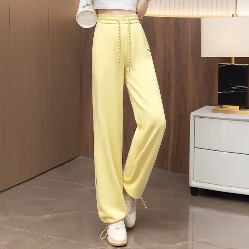 Elastic Waist Casual Yellow Sweatpants for Women Spring and Autumn Loose New High Waist Slimming Embroidered Jogger Pants