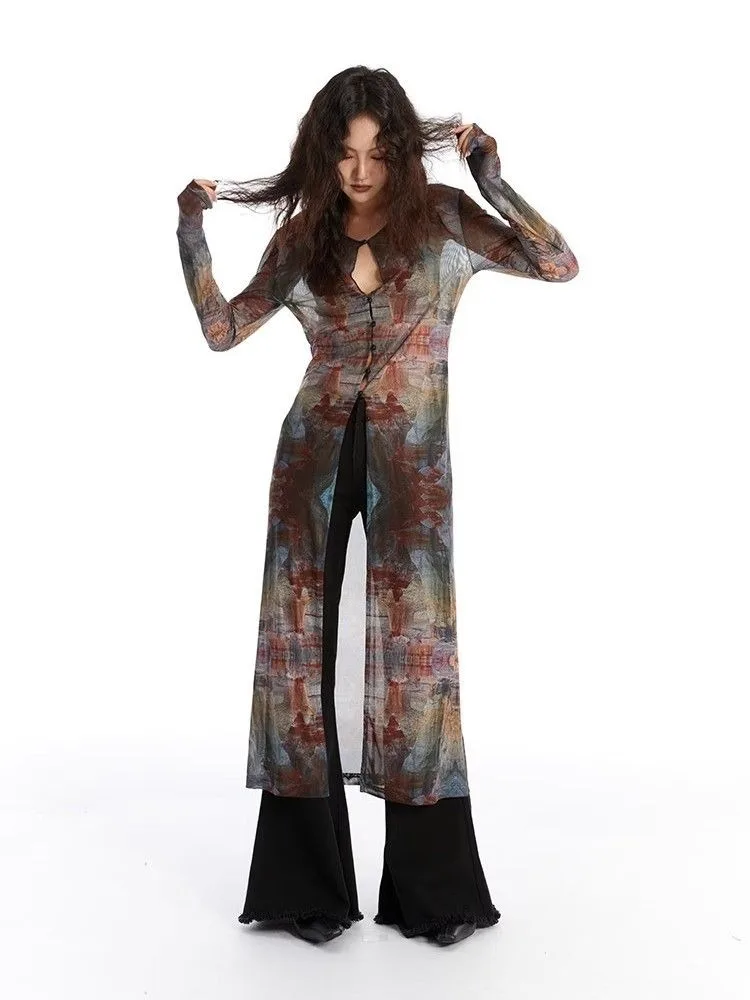 Vintage Oil Painting Printing Tops Mujer 2026 Summer New Mid-length Cardigans Y2k Long Sleeve Sun Protection Coat Women