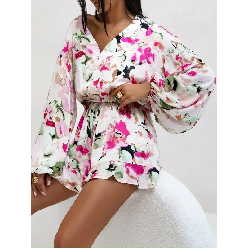 

S-XXL женский модный короткий комбинезон с v-образным вырезом и цветочным принтом и пряжкой, женский повседневный и удобный комбинезон с длинными рукавами