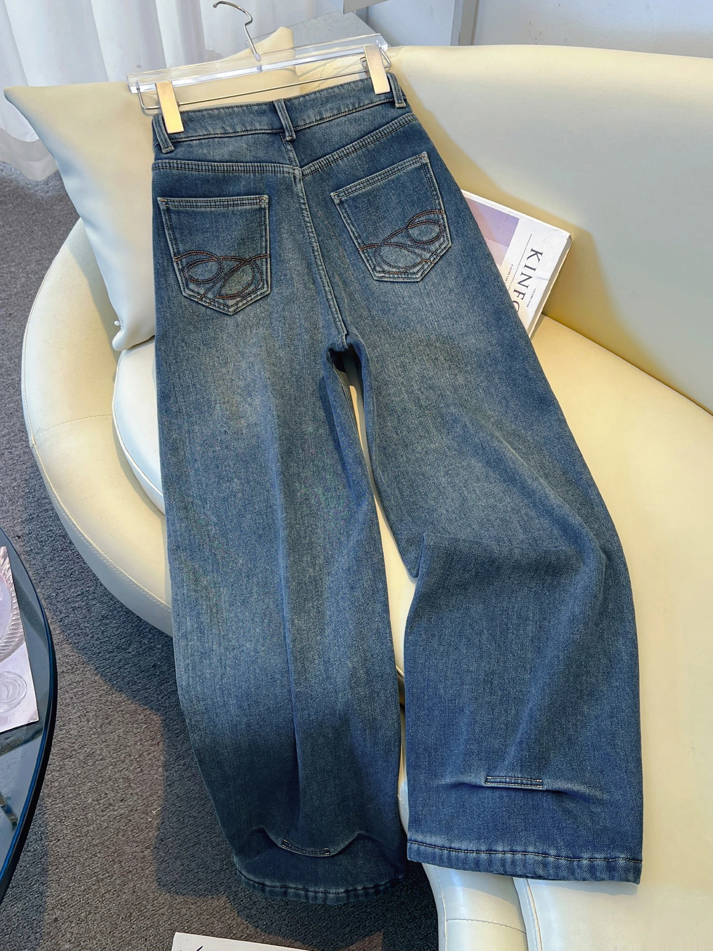 

Retro High Waist Embroidered Fleece Lined Wide Leg Jeans Women's Autumn Winter Straight Cut Slimming Nine Point Denim Pants