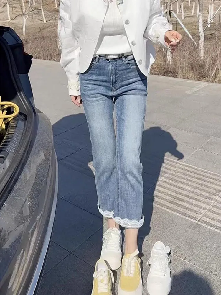 Damskie wyszczuplające dżinsy z wysokim stanem, elastyczne, szerokie nogawki, cienkie dżinsy jesienne, spodnie rozszerzane, luźny krój, proste nogawki typu tuba, kucyk