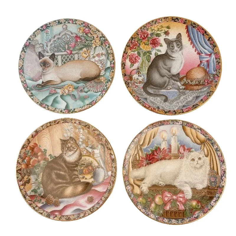 Aynsley Vintage Bone China Plate Four‑Season Cat Pattern Birthday Monthly Collectible Decorative Porcelain Plate