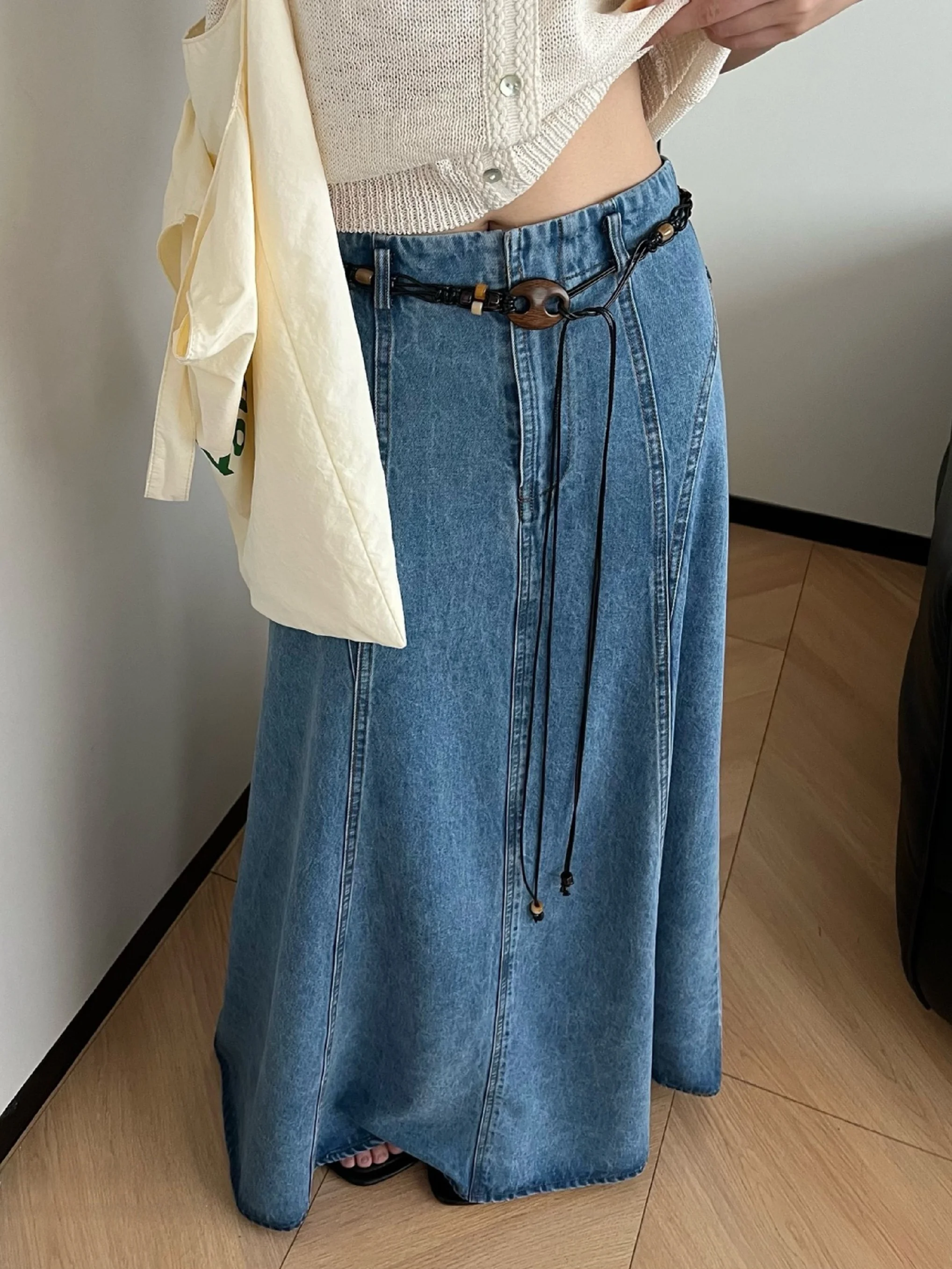 

Ретро джинсовая юбка А-силуэта с высокой талией, женская юбка с поясом, синяя длинная юбка, весна-лето, дышащая, приятная к телу