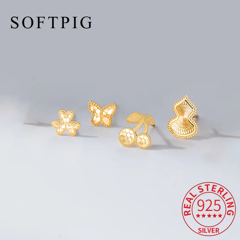 

SOFTPIG Real 925 Sterling Silver 18k Gold Cherry Gourd Heart Flower Stud Earrings for Women Cute Fine Jewelry Trendy Accessory