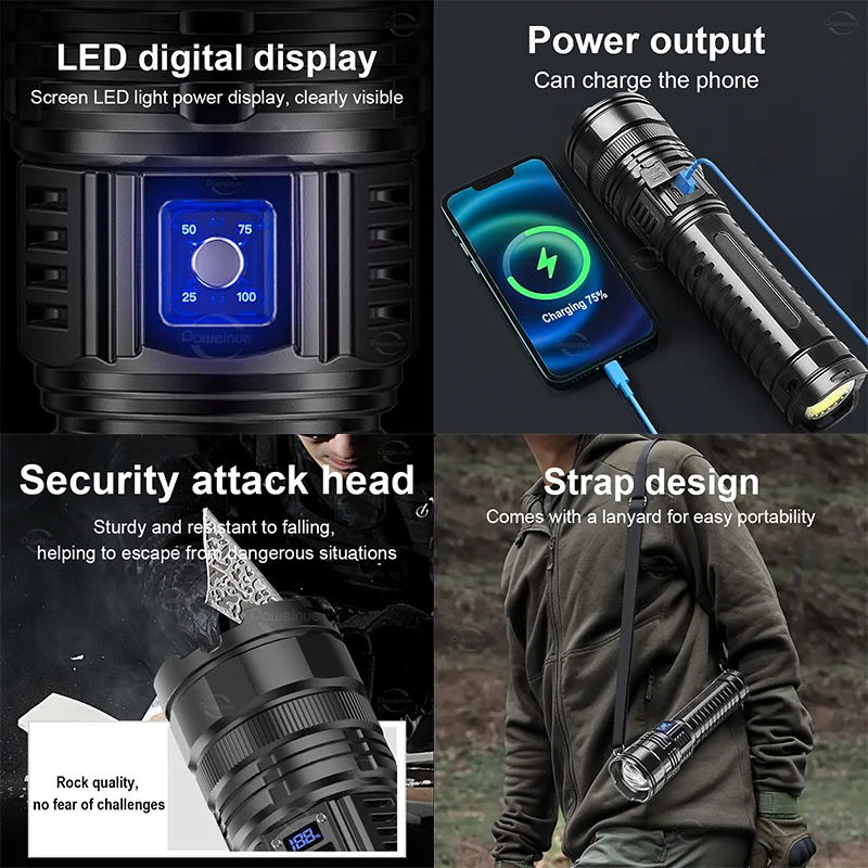 1000000LM Most Powerful LED Flashlight Rechargeable Type-c Flashlight Long Range 6000M Tactical Torch Light For Fishing Hunting