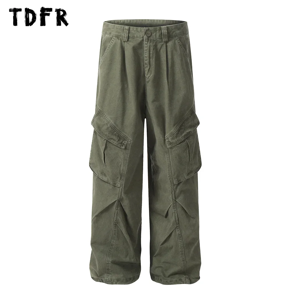 

Spliced Pocket Cargo Joggers Pants Mens Safari Style Distressed Loose Pleated Straight Wide Leg Trousers Men