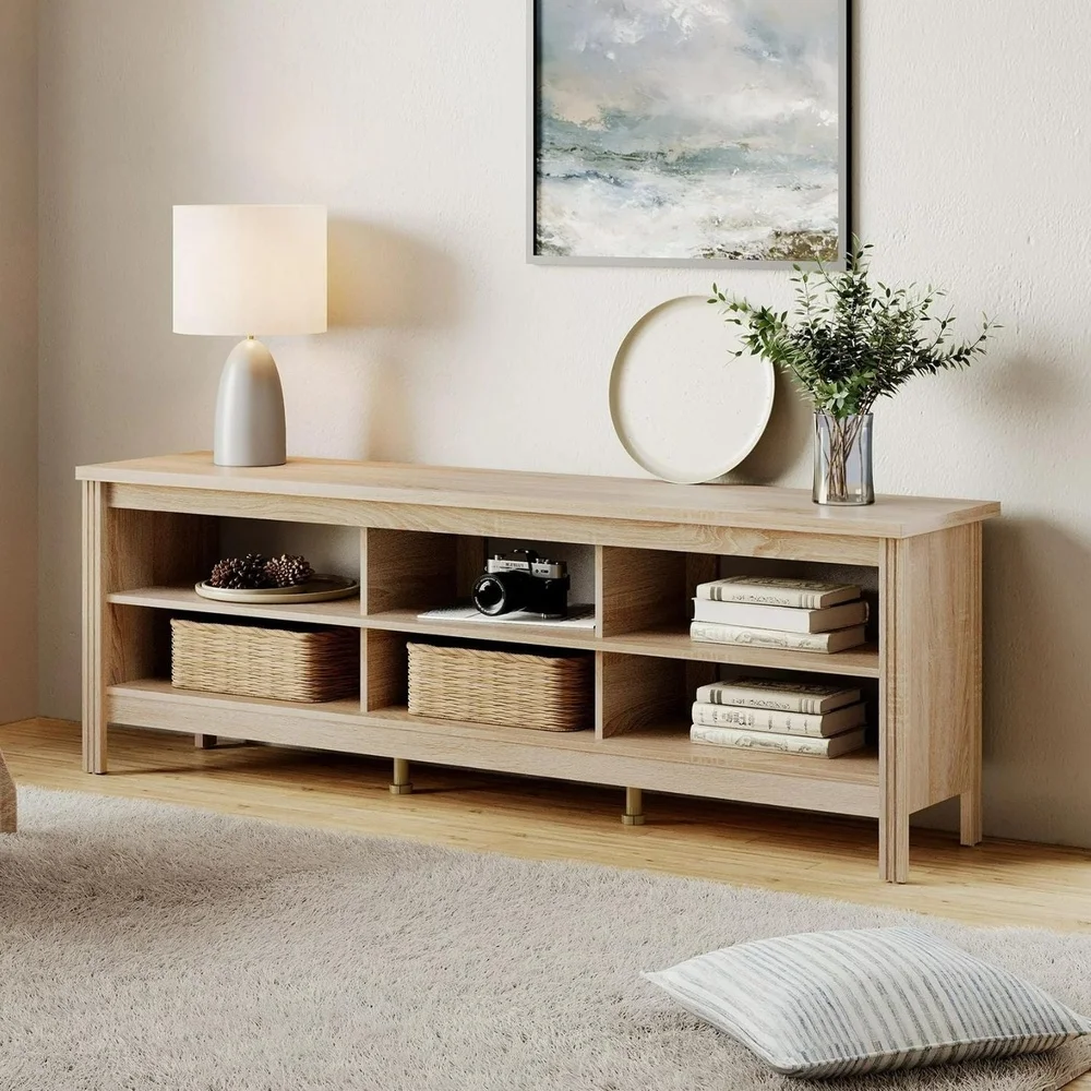 Suporte de TV de fazenda, centro de entretenimento de TVs de 75 polegadas com 6 prateleiras de armazenamento, mesa de console de madeira de carvalho MDF durável