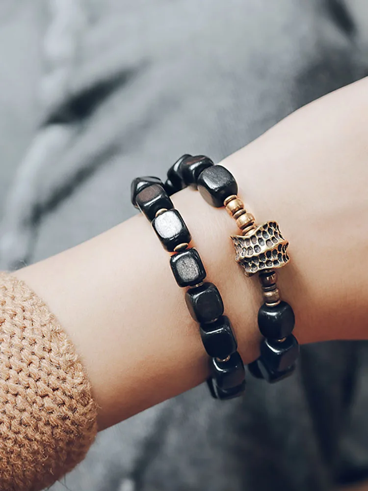 Two Row Ebony Copper Bracelet Do Old Hammered Charm Rock Metal Classical Jewelry Men Women Individual Wrist Accessory