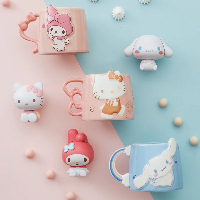 For Sanrio Ceramic Mug Coffee Cup for Hello Kitty&Kuromi Relief Pattern Cute Couple Cup Household Drinking Water Cup with Handle