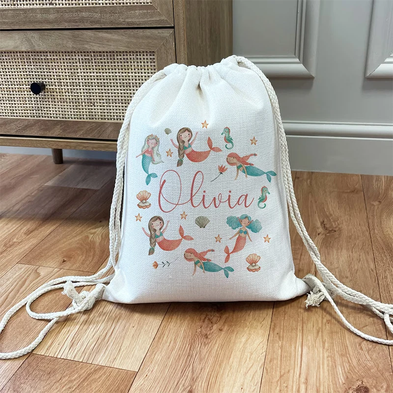 Gepersonaliseerde Kid Drawstring Tas Zeemeermin Eenhoorn Prinses Regenboog Thema Meisje Verjaardag Baby Shower Terug Naar School Cadeau Speelgoedzak