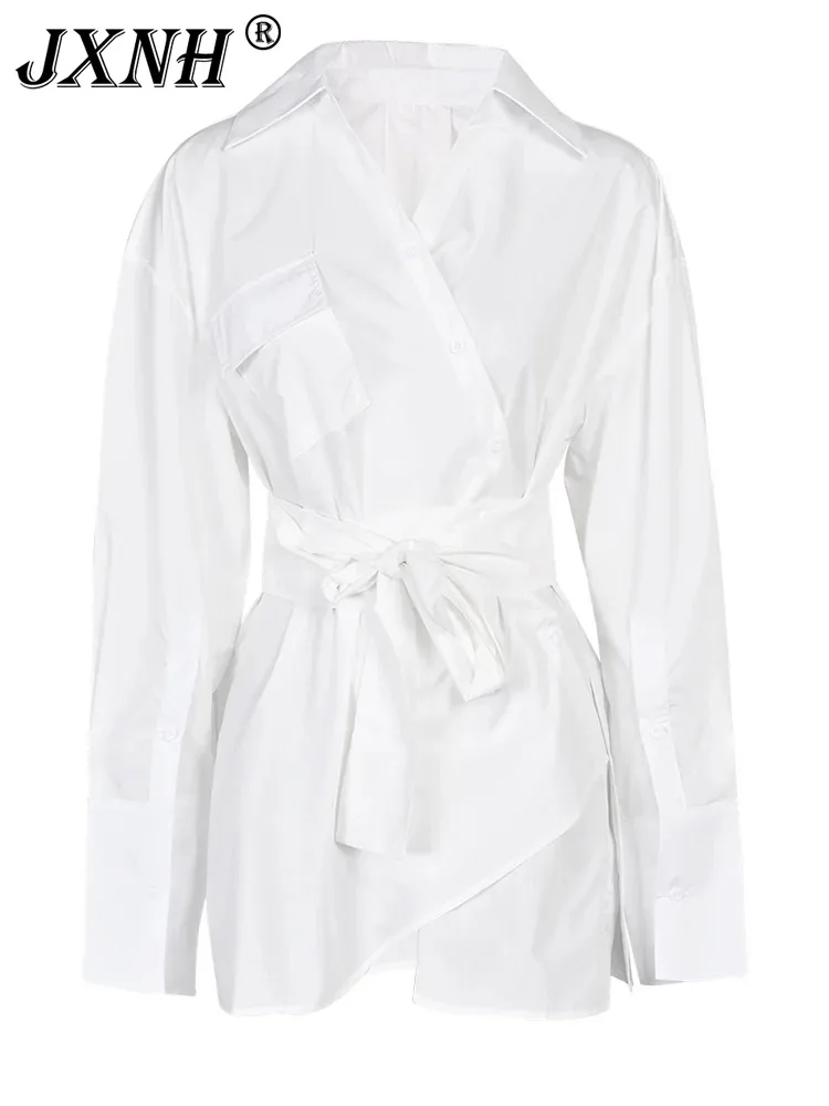 

White Bandage Mini Shirt Dress Women Big Size New Lapel Long Sleeve Loose Fit Fashion Tide Spring Autumn 2024