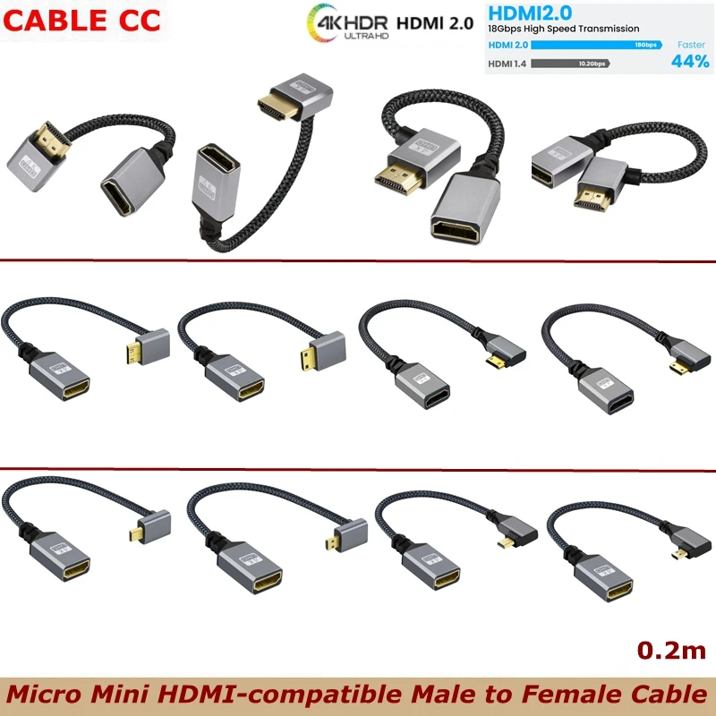 For Cameras HDTV Monitor Mini Micro HDMI-Compatible Adapter Cable V2.0 Micro HDMI-Compatible Male To Female Cable Right Angled